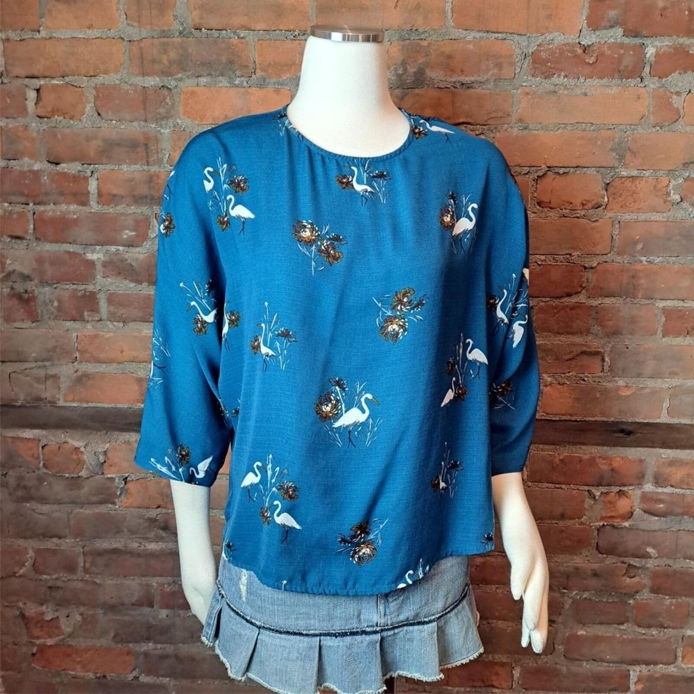 Zink London Womens Top Dolman Sleeves Egret Bird Print Teal White Brown Size M